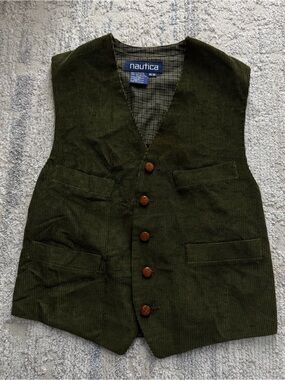 Nautica Olive Green Corduroy Button Vest Medium